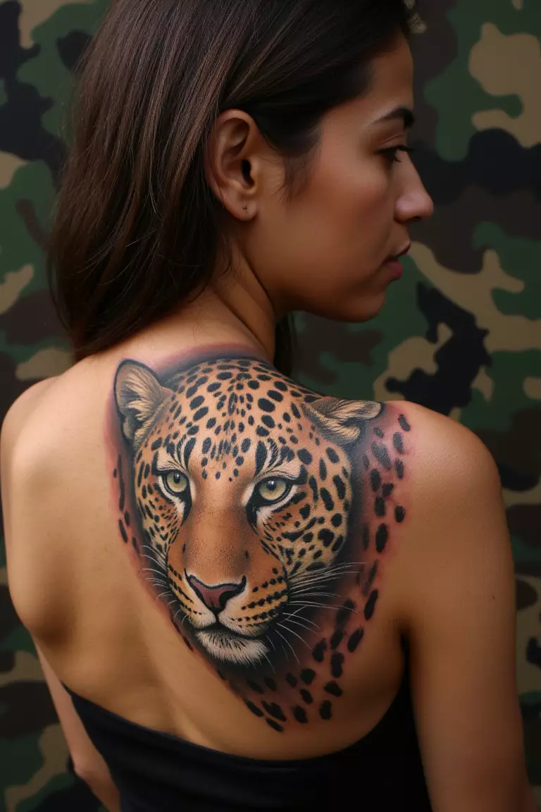 A photo of a woman showing her leopard blending into a camouflage background tattoo on her shoulder