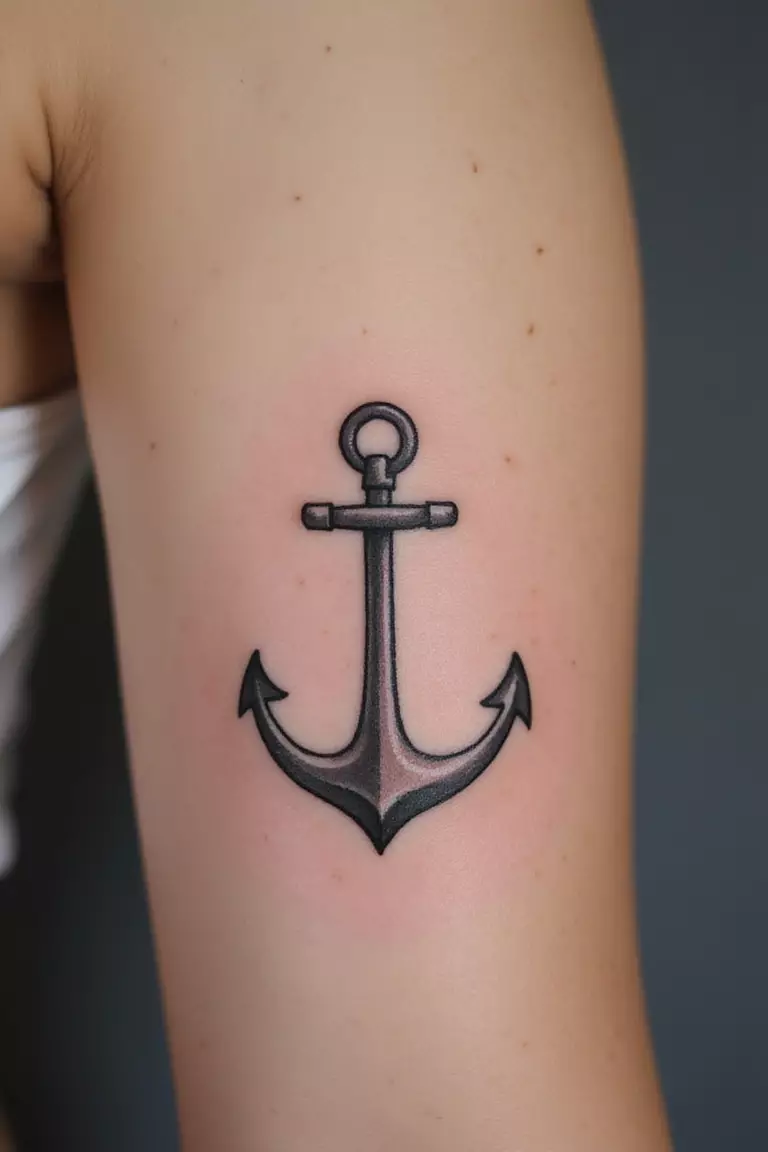 A close up shot of woman's arm with a black ink tattoo of a small, simple anchor.
