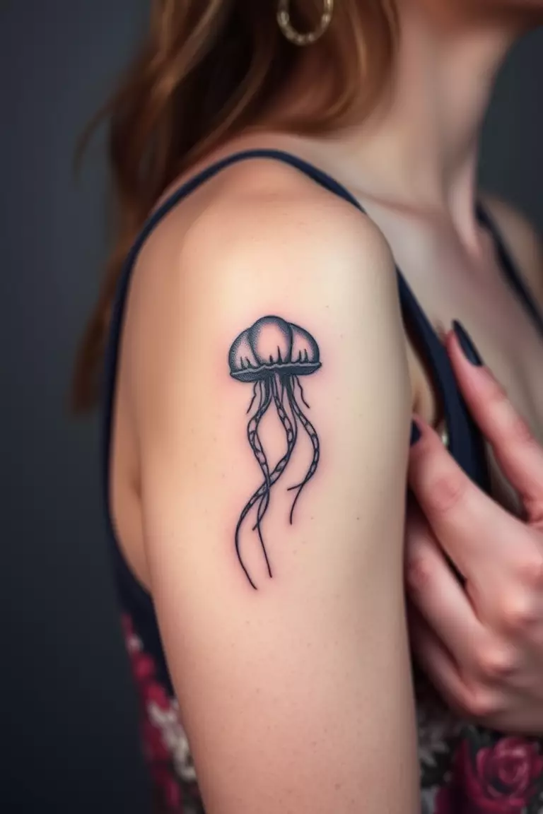 A close-up photo of a woman showing her inner arm jellyfish tattoo.  