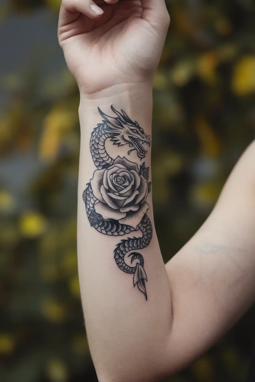 Dragon Wrapped Around a Rose