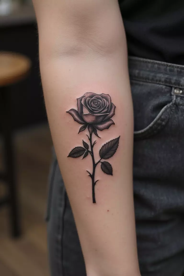 A close-up shot of a woman's arm with a black ink tattoo of a wilted rose.