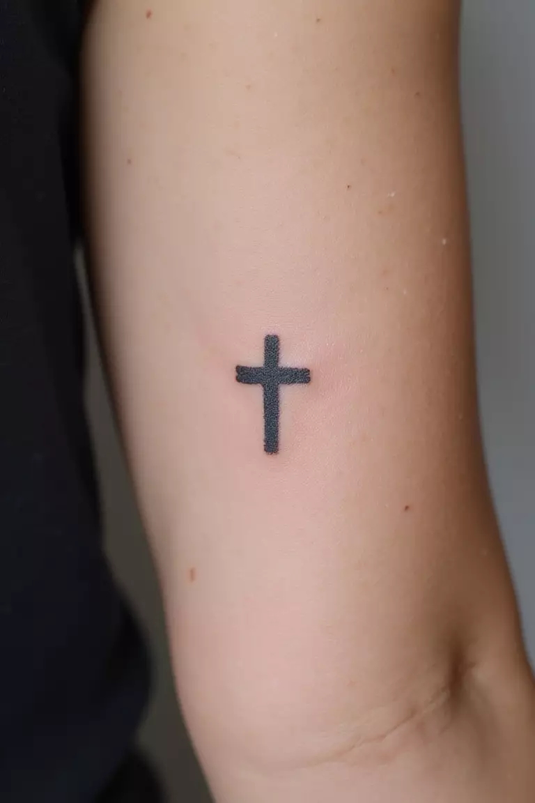 A close-up shot of a woman's arm with a black ink tattoo of a tiny, simple, thin cross symbol.
