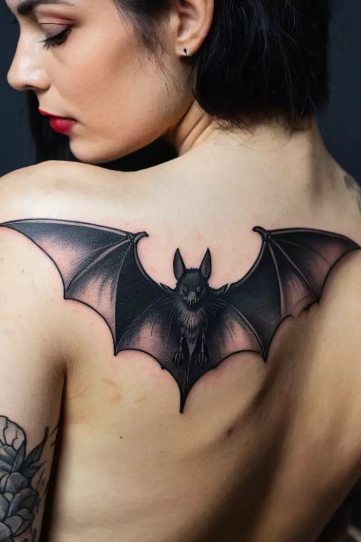 A close-up photo of a woman showing her blackwork bat tattoo, heavily shaded and bold, on her back.  