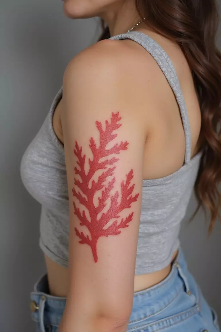 A close-up shot of a woman showing her abstract watercolour coral tattoo design on her arm