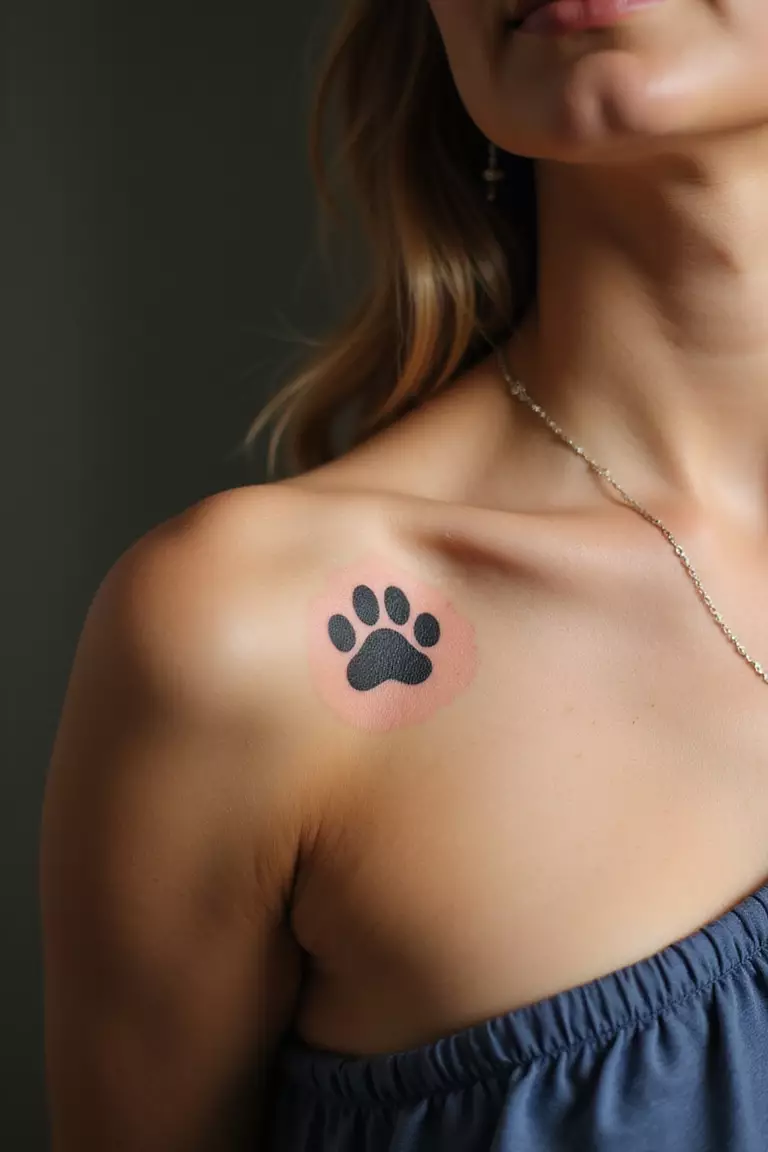 A close-up shot of a woman showing her black ink small paw print outline tattoo design on her shoulder blade