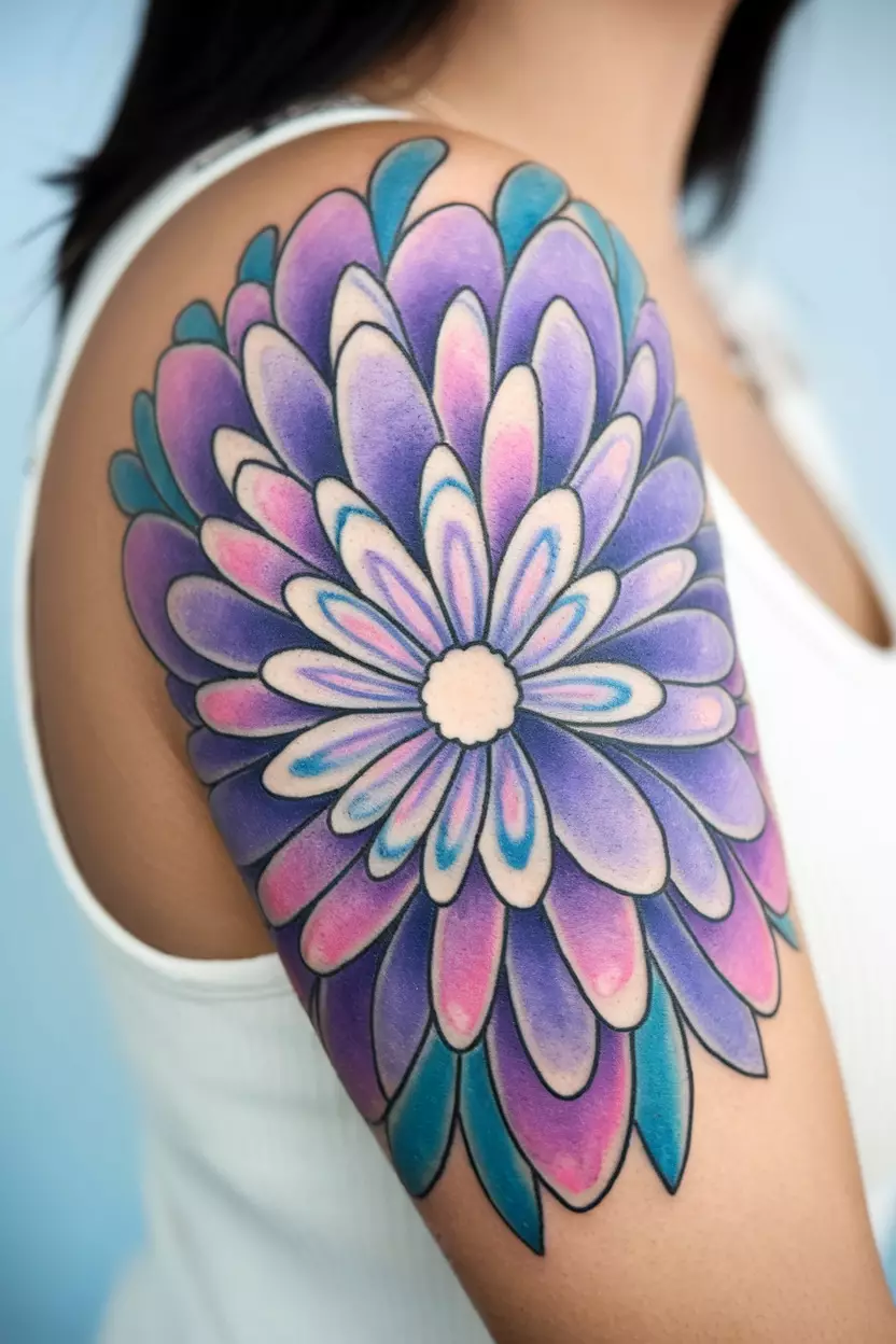 A close up shot of woman's arm with a colorful lavender tattoo  