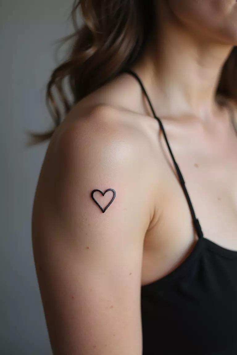 A close-up shot of a woman showing her black ink tiny heart outline tattoo design on her arm