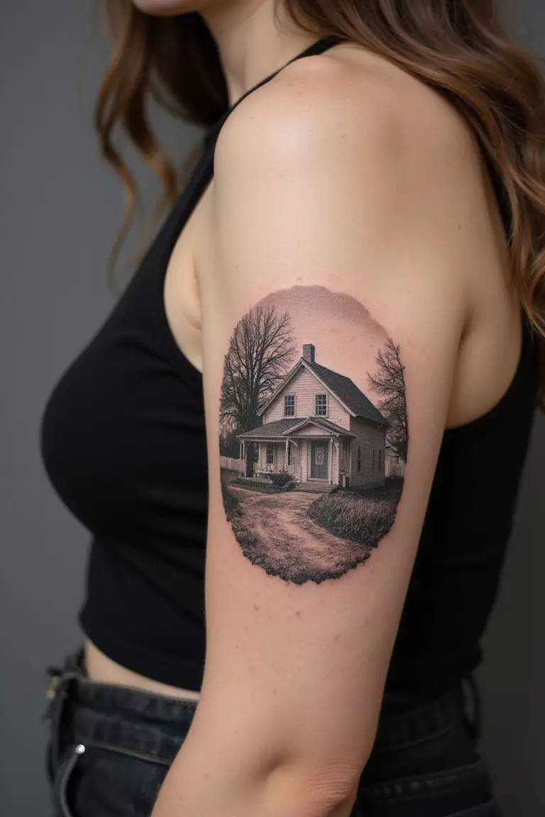 A close-up shot of a woman showing her black ink rustic farmhouse tattoo on her arm.