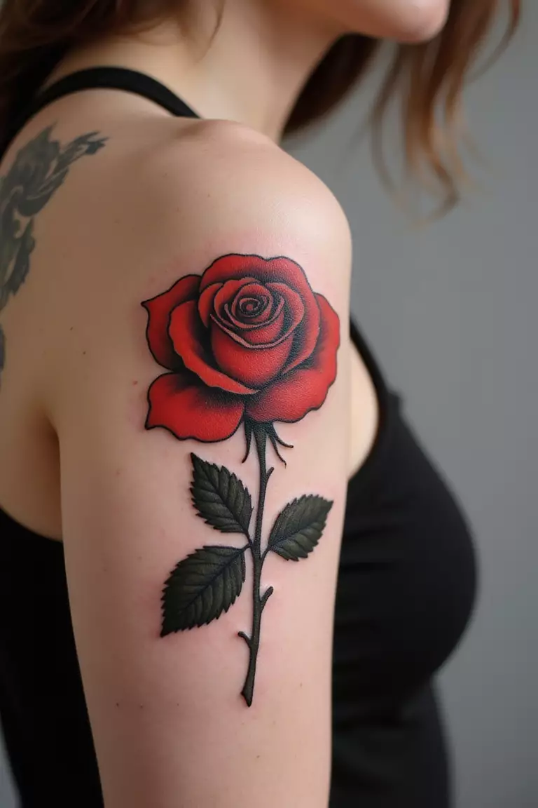 Rose A close-up shot of a woman showing her black ink traditional red rose with stem tattoo design on her arm
