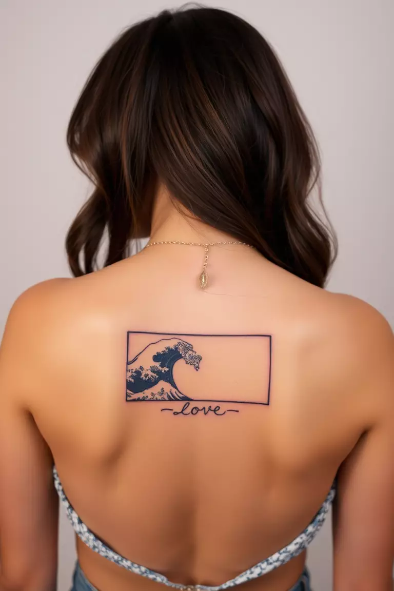 A photo of a woman displaying a rectangular wave tattoo symbolizing love on her back.  