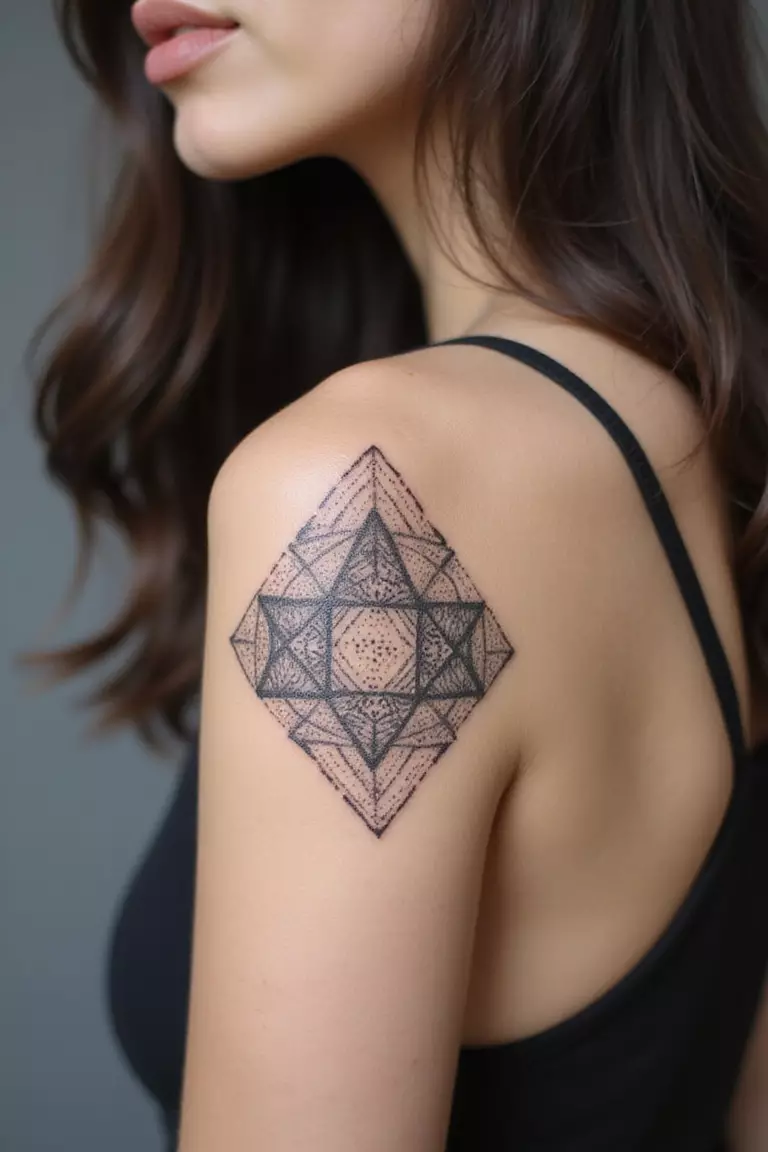 A close-up shot of a woman showing her black ink dotwork shading tattoo design creating a soft gradient effect on a geometric shape on her arm