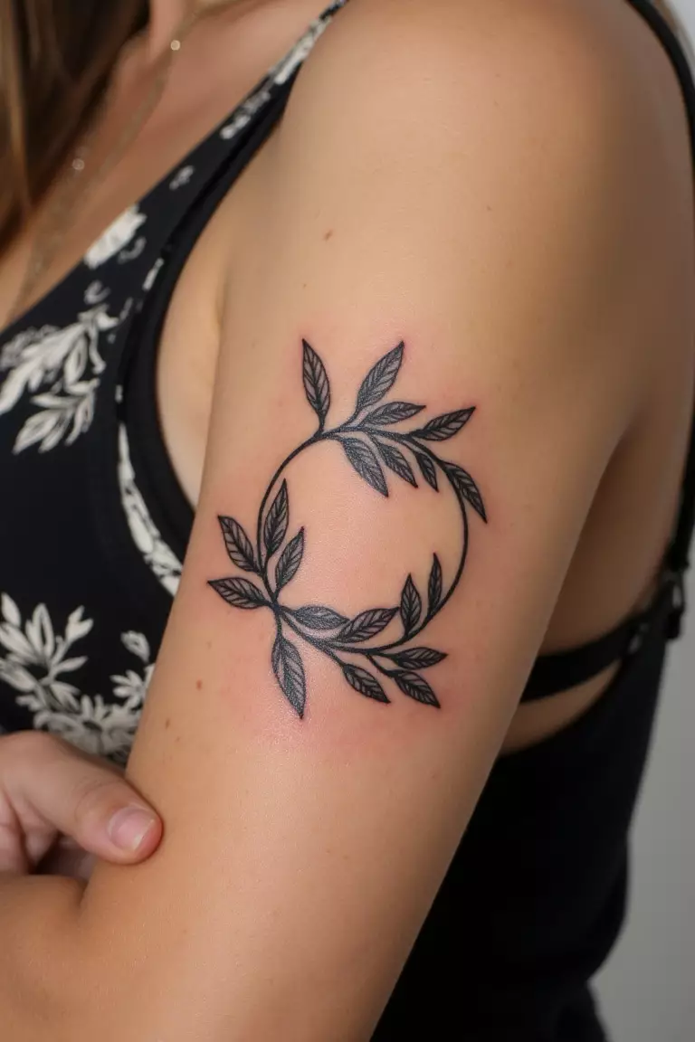 A close up shot of woman's arm with a black ink olive branch wrapped around a circle tattoo  