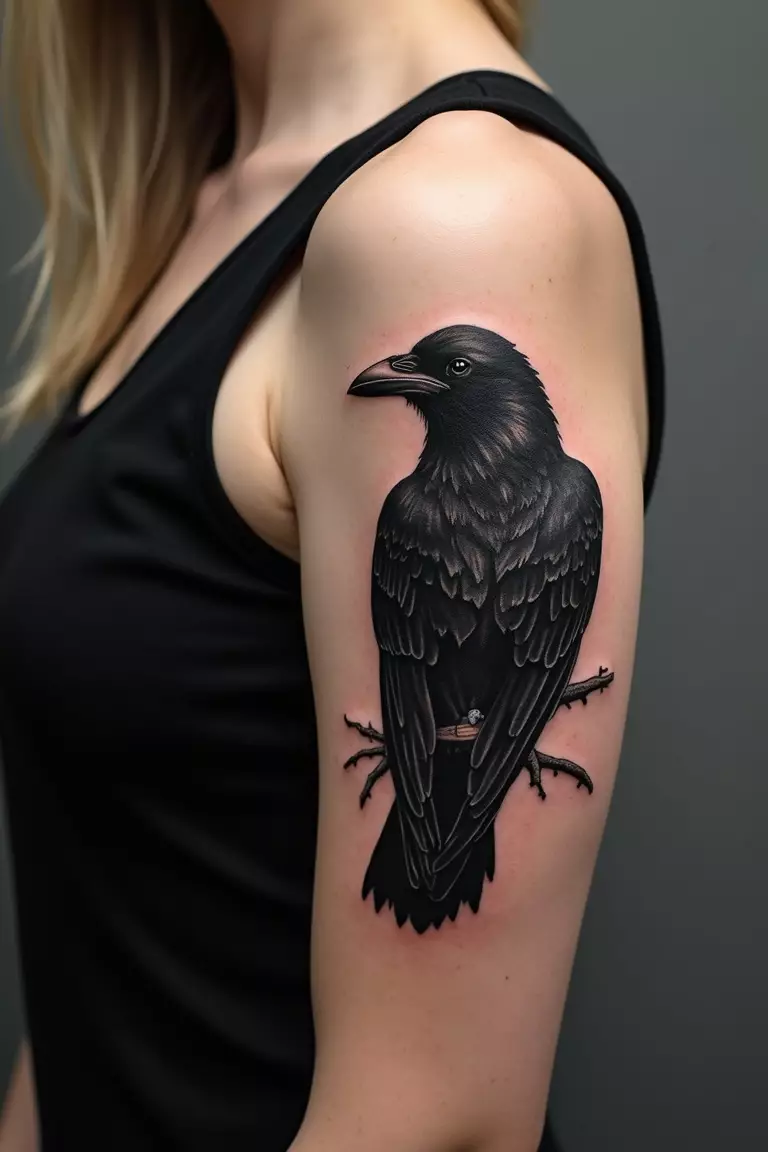 A close-up shot of a woman's arm with a black ink tattoo of a raven.