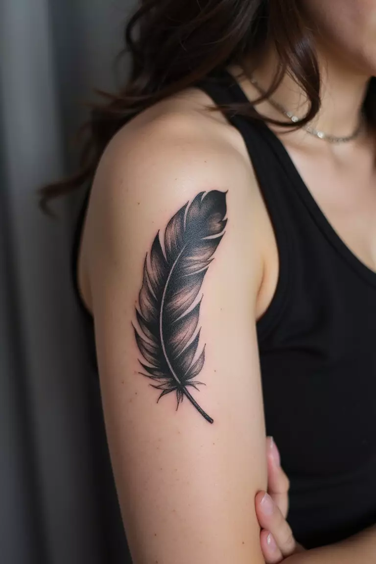 A close-up shot of a woman showing her black ink feather tattoo design on her arm