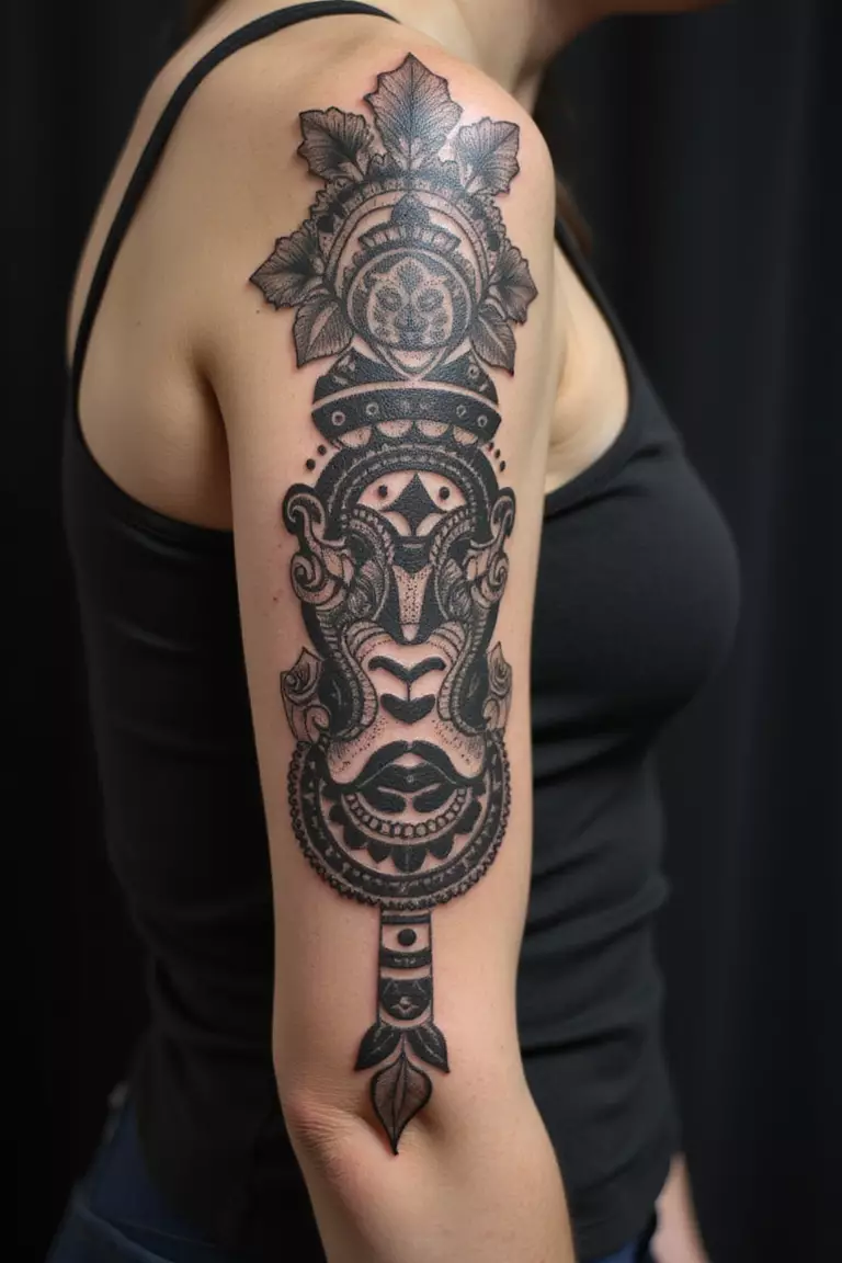 Maori Kirituhi A close-up shot of a woman showing her black ink Maori Kirituhi tattoo design on her arm