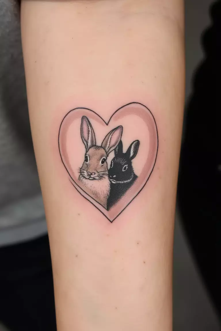 A close up shot of woman's arm with a black ink bunny pair in a heart shape tattoo  