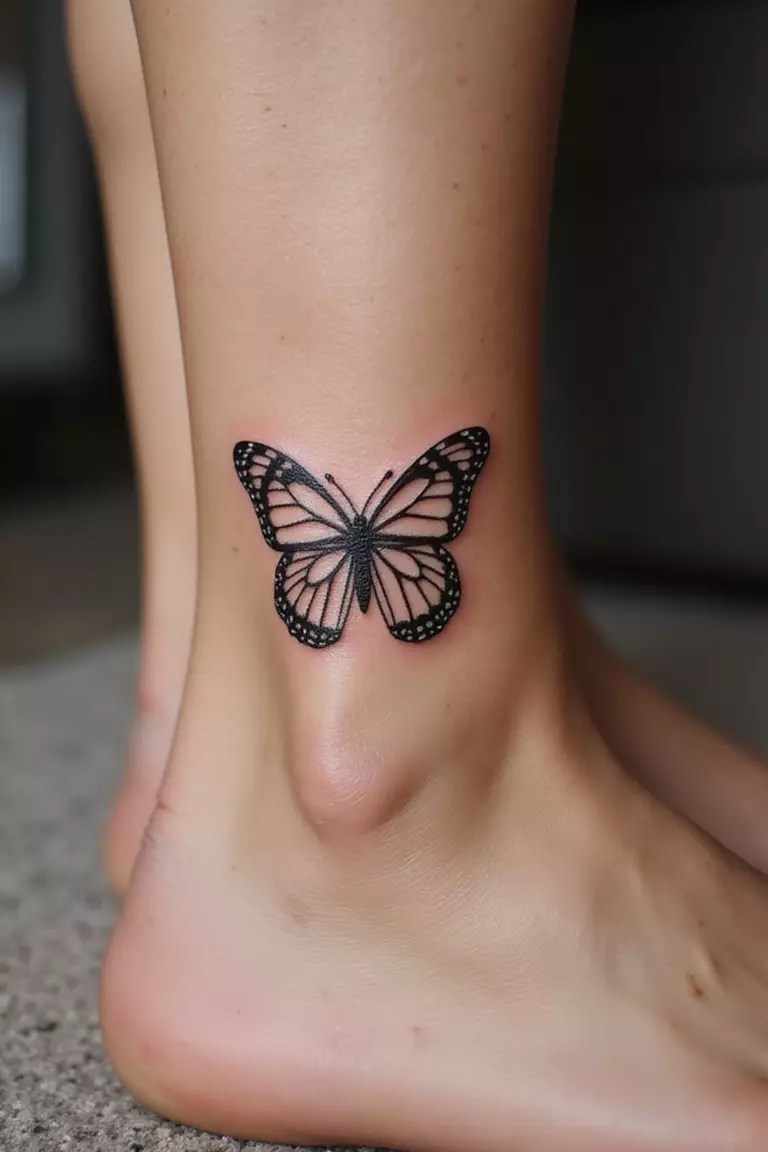 A close-up shot of a woman showing her black ink small butterfly outline tattoo design on her ankle