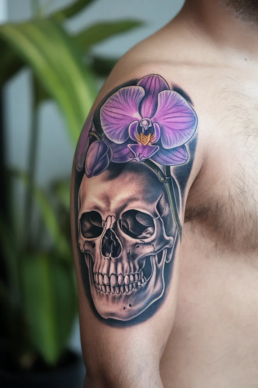 Orchid-Embellished Skull Tattoo