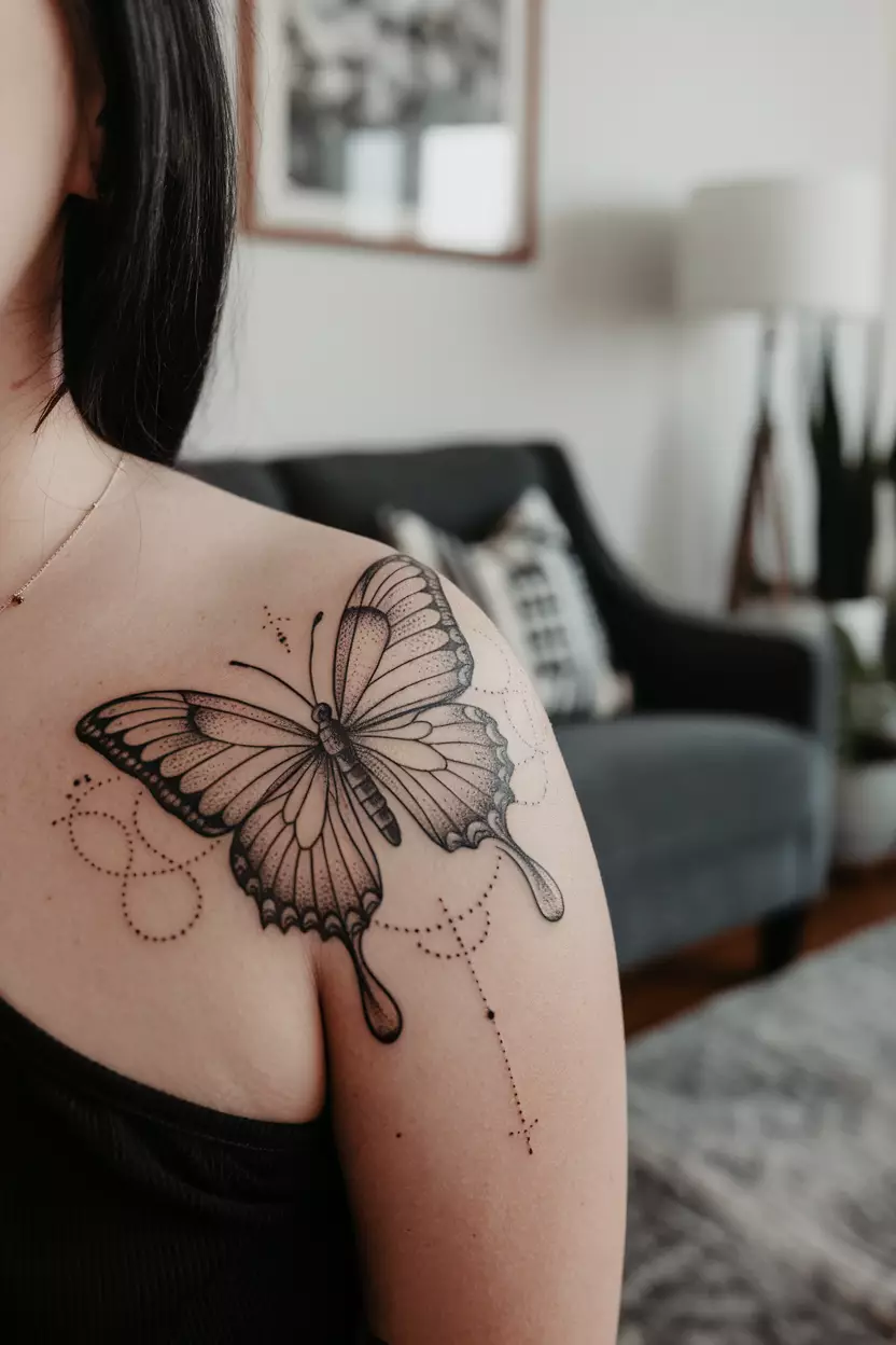A close-up photo of a woman showing her ornate black butterfly tattoo featuring elaborate detailing that showcases artistry and individuality, tattoo design, living room background