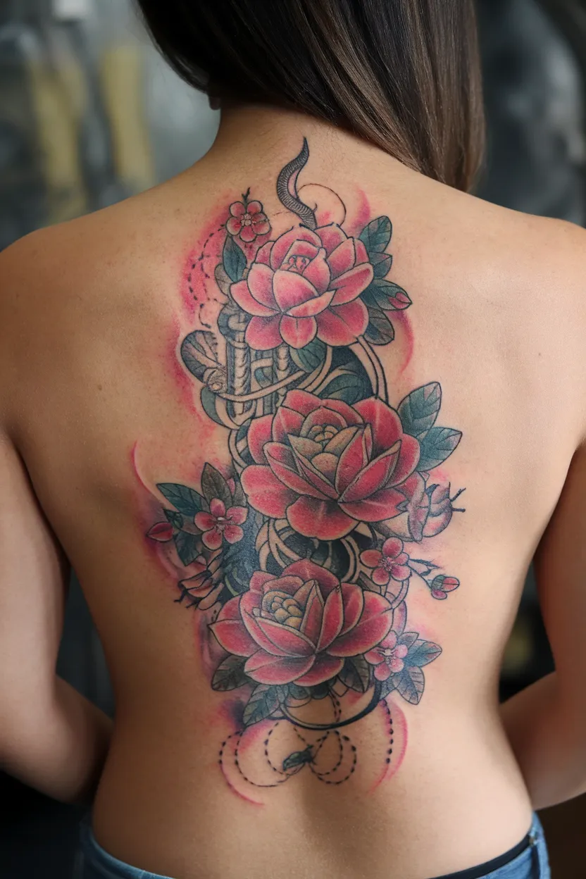 Oriental Flower Spine Tattoo