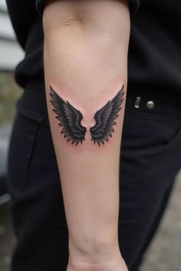 Fallen Angel Wings A close-up shot of a woman's arm with a black ink tattoo of fallen angel wings.
