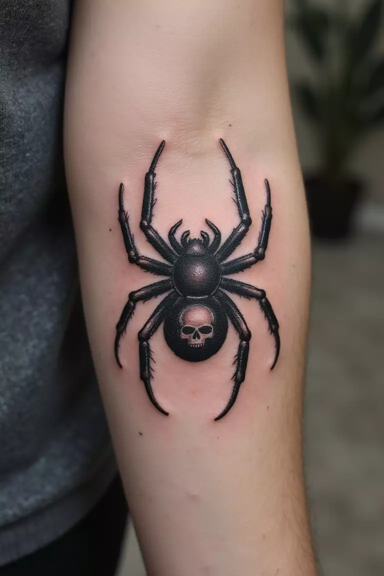 A close-up shot of a woman's arm with a black ink tattoo of a spider that has a small, clear skull pattern on its back.