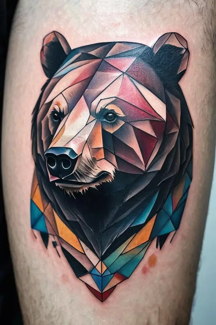 A close-up photo of a man showing his geometric bear tattoo, featuring a powerful bear designed with an array of geometric facets and angles.  