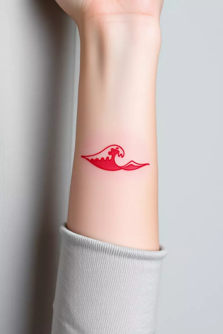 A photo of a woman with a minimal wave tattoo featuring red ink on her wrist.  
