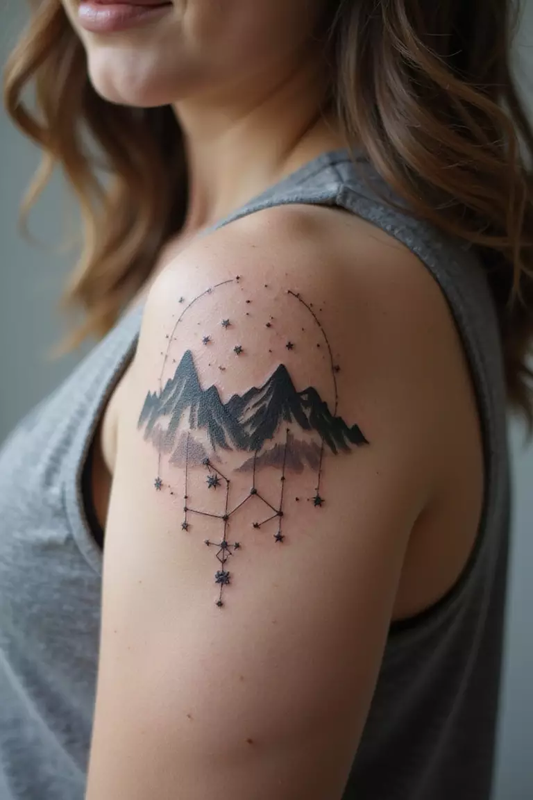 Constellations Over Mountains A close-up shot of a woman showing her black ink constellations over mountains tattoo on her arm.