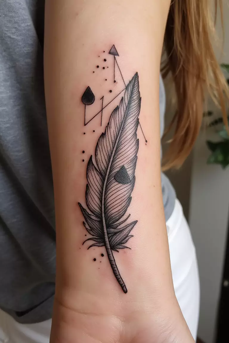 A close up shot of woman's arm with a black ink feather with geometric shapes tattoo, incorporating triangles and lines