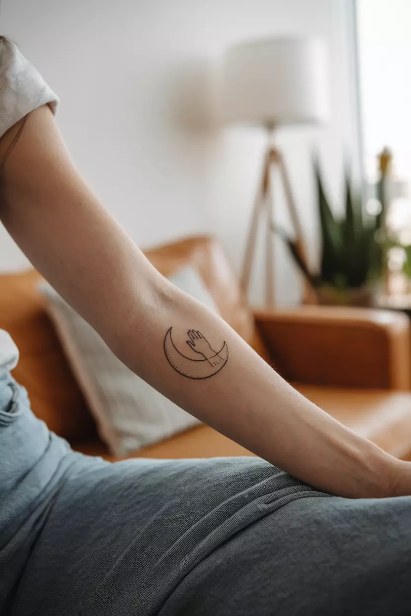 A close-up photo of a woman showing her arm with a delicate tattoo of a crescent moon cradling a tiny hand, symbolizing motherhood, tattoo design, living room background