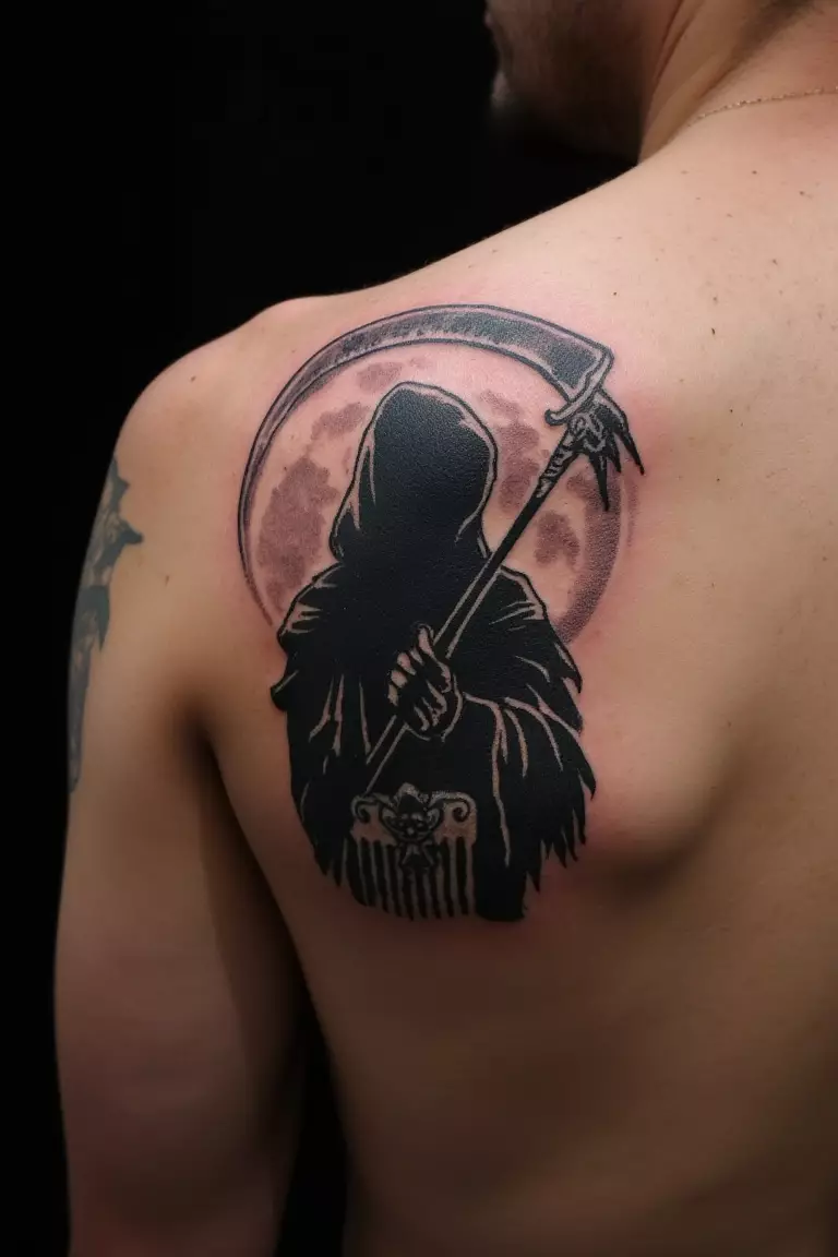 A close up shot of man's shoulder with a black ink grim reaper silhouette with a full moon in the background tattoo  