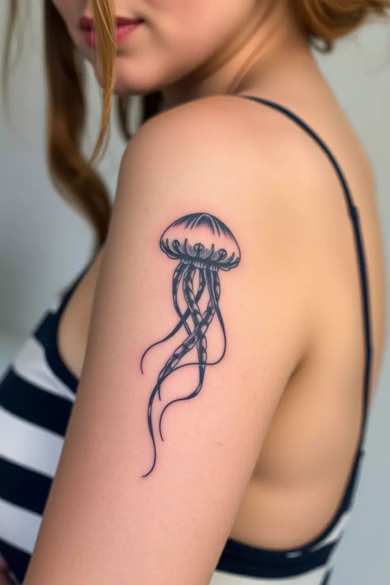 A close-up photo of a woman showing her traditional sailor style jellyfish tattoo on her arm.