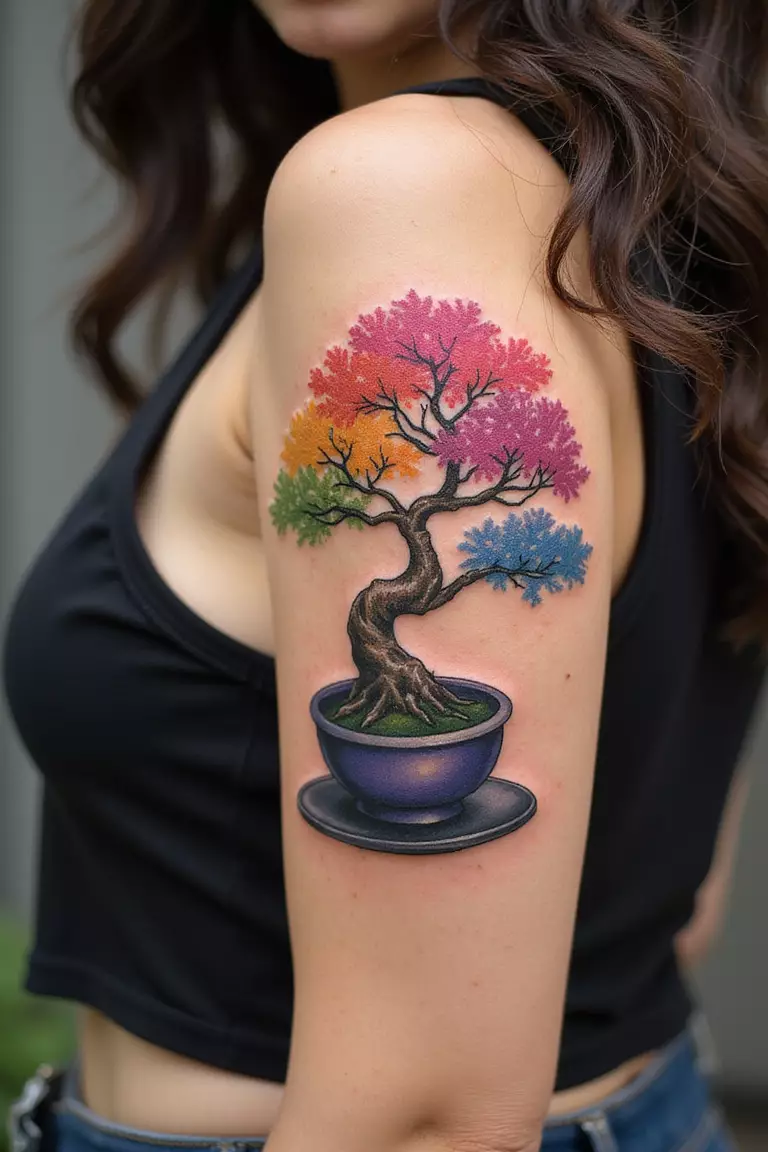 A close-up shot of a woman showing her black ink bright, colorful cartoon-style bonsai tree tattoo design on her arm