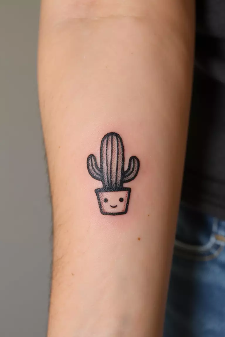 A close up shot of a woman showing her black ink tiny cactus tattoo with a smiling face on her arm  