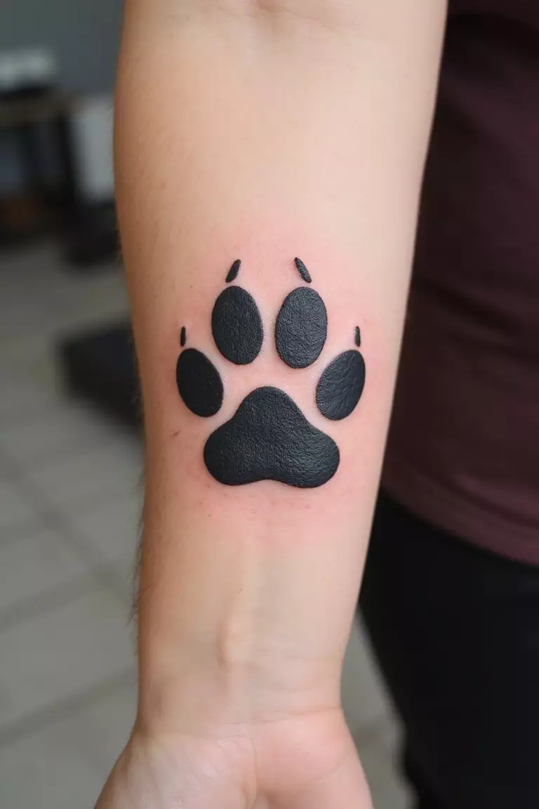 Paw Print A close-up shot of a woman's arm with a black ink tattoo of a single, simple paw print.