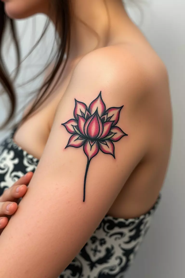 A close-up photo of a woman showing her mulberry lotus arm tattoo design.  