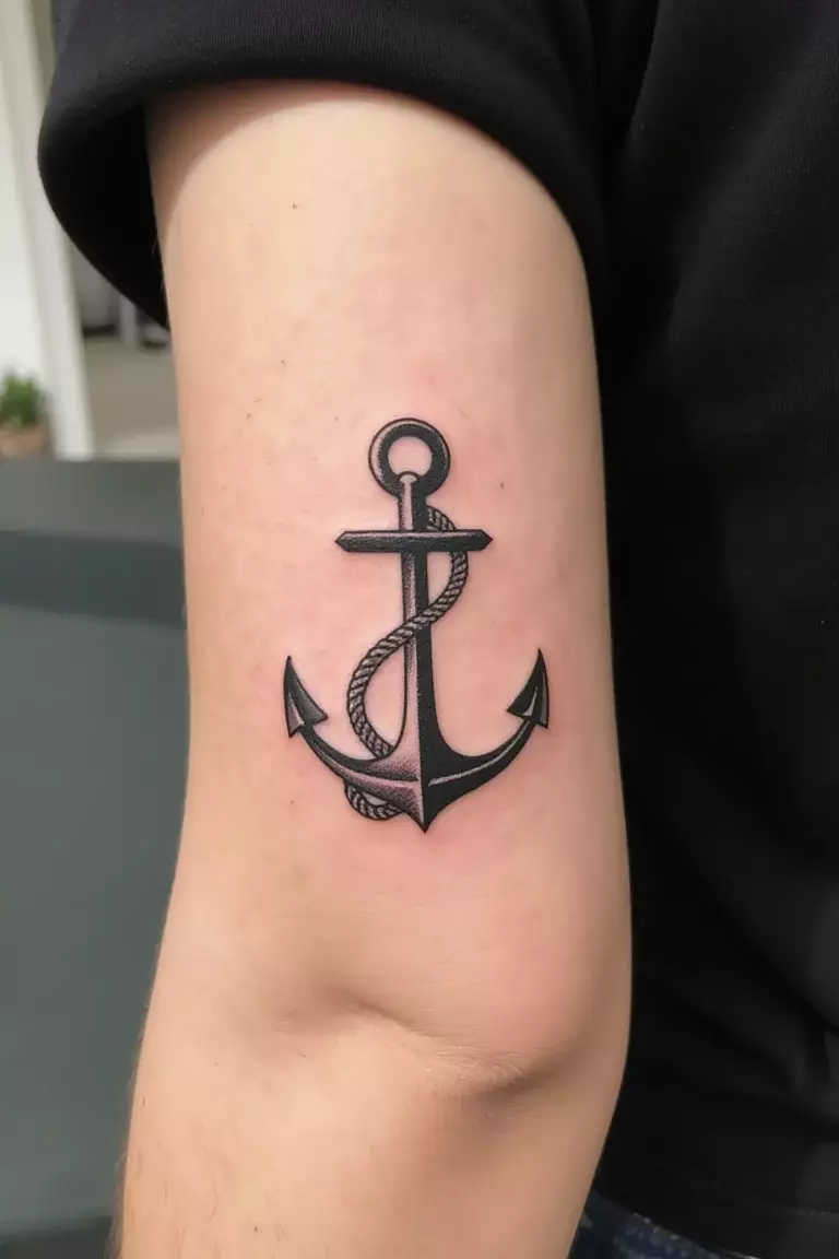 Minimalist Anchor with Rope A close up shot of woman's arm with a black ink minimalist anchor with rope tattoo.