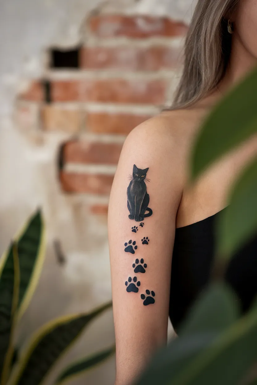 Black Cat With Paw Prints Leading Away