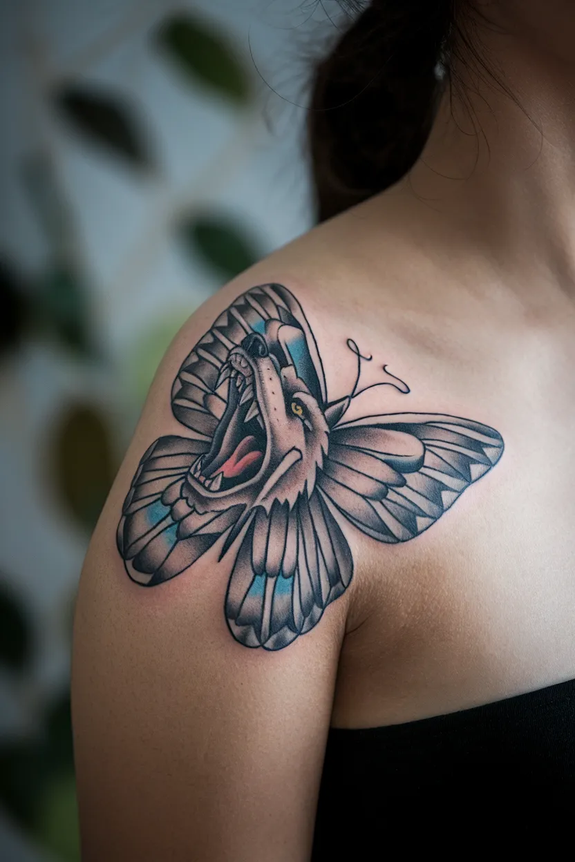 Wolf Butterfly Tattoo for Women