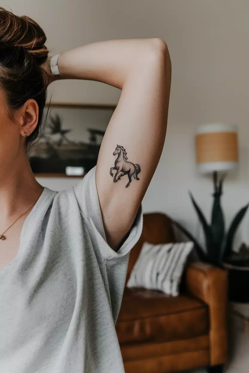 A photo of a woman with a tiny black and gray horse triceps tattoo, living room background.