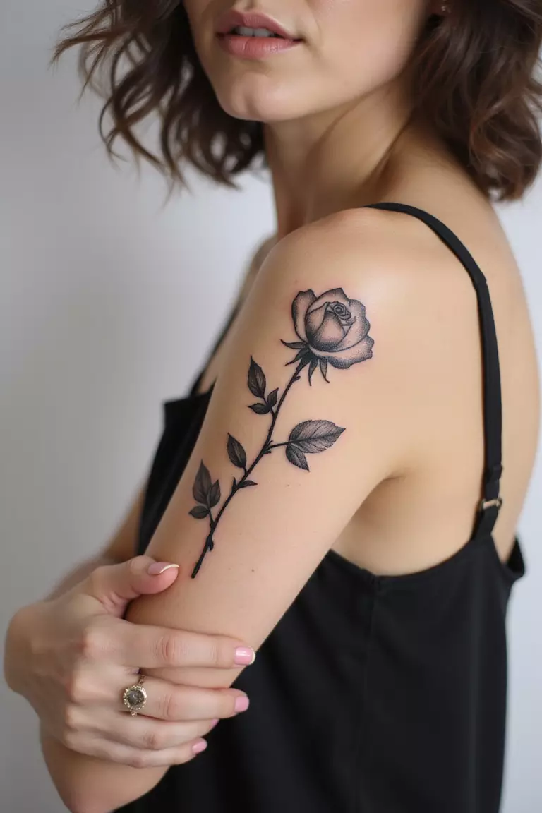 A close-up shot of a woman showing her black ink minimalist rose stem with leaves and thorns tattoo on her arm.