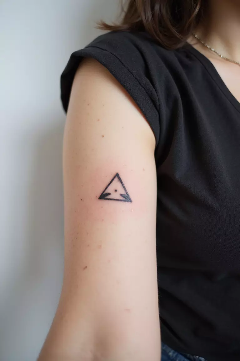 A close-up shot of a woman's arm with a black ink tattoo of a small, clean triangle.
