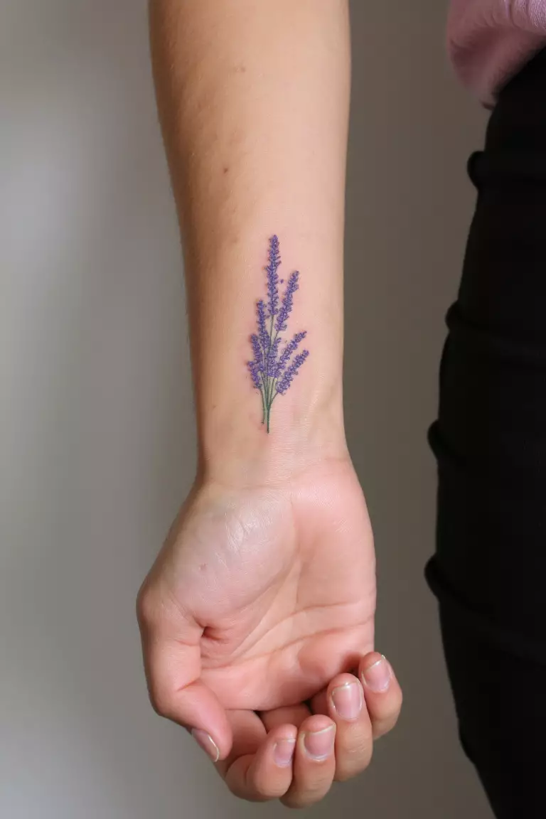 A close up shot of woman's wrist with a lavender tattoo  