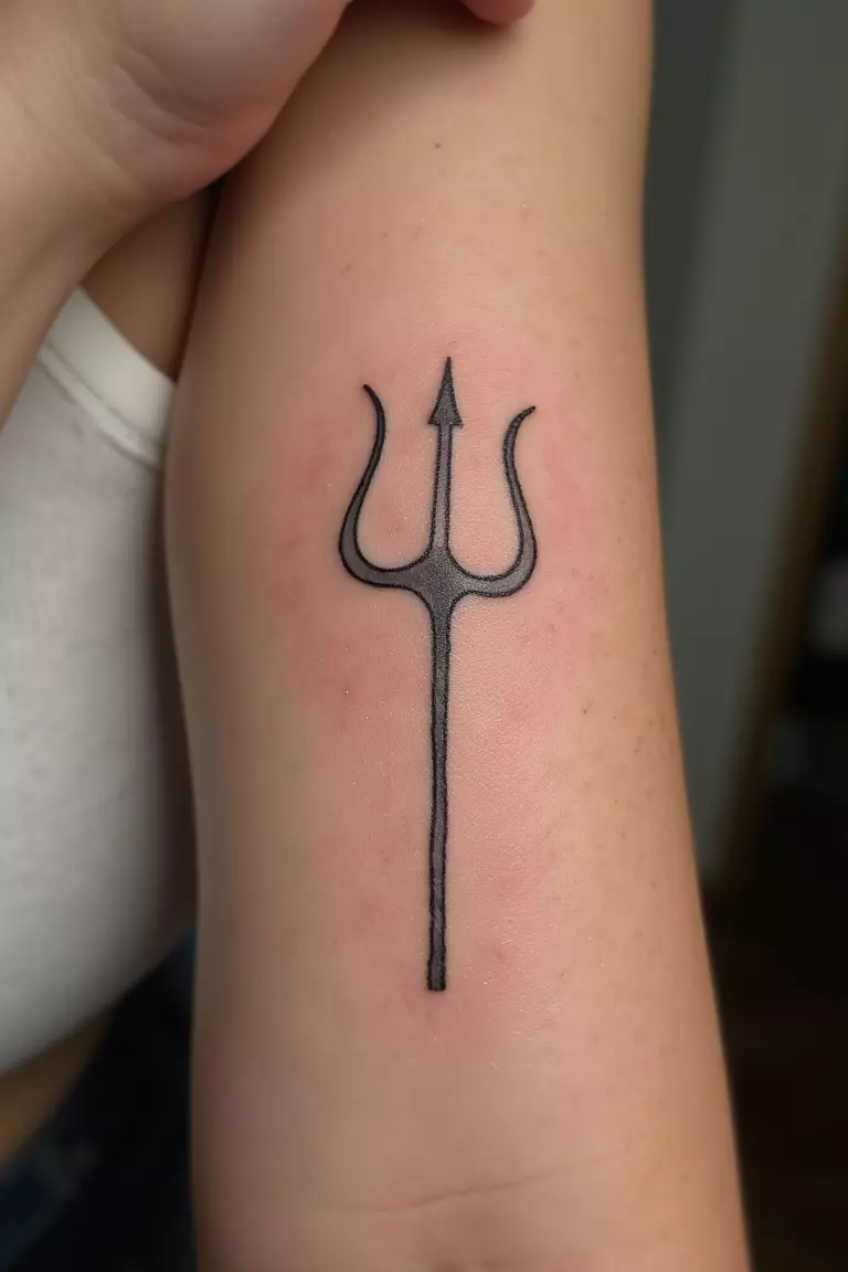 A close up shot of woman's arm with a black ink tattoo of a simple outline of Poseidon's trident.