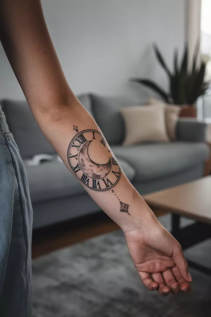 A close-up photo of a woman showing her forearm with a tattoo of a crescent moon incorporated into a Roman numeral clock design, tattoo design, living room background