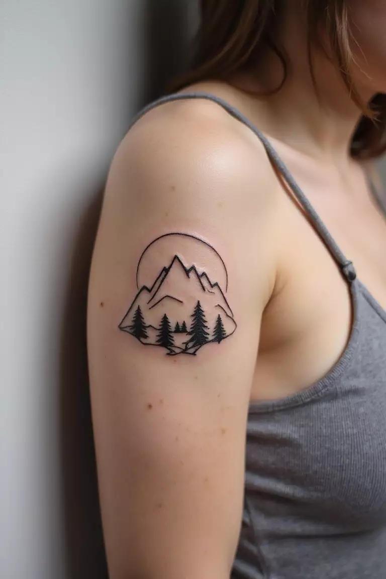 A close-up shot of a woman showing her black ink simple mountain range outline tattoo design on her arm