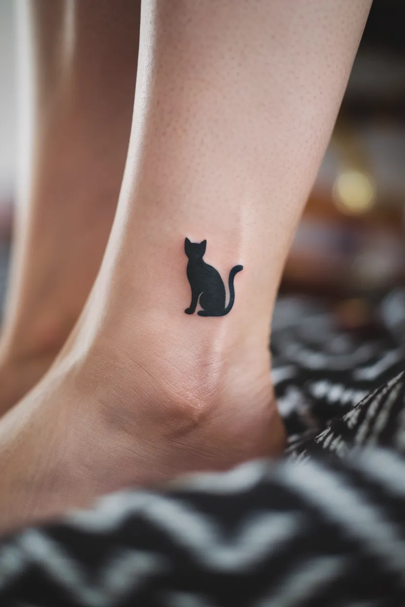 A Small Black Cat Ankle Tattoo