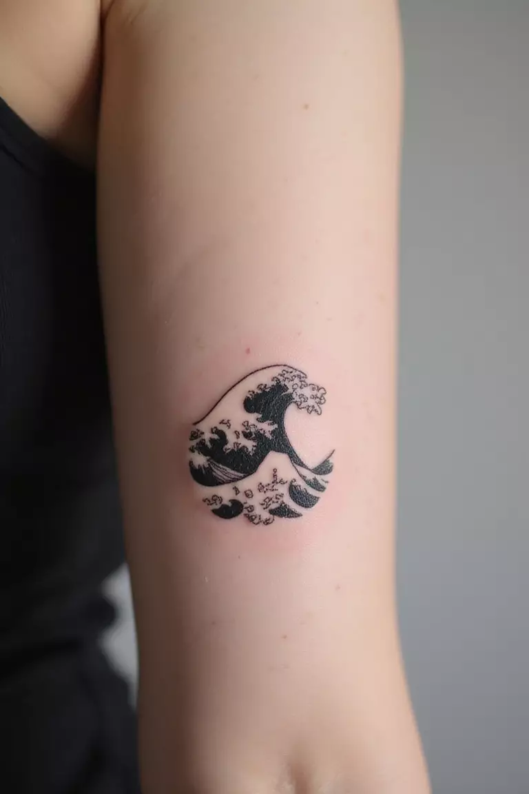 A close-up shot of a woman's arm with a black ink tattoo of a simple, single flowing wave in Japanese style.