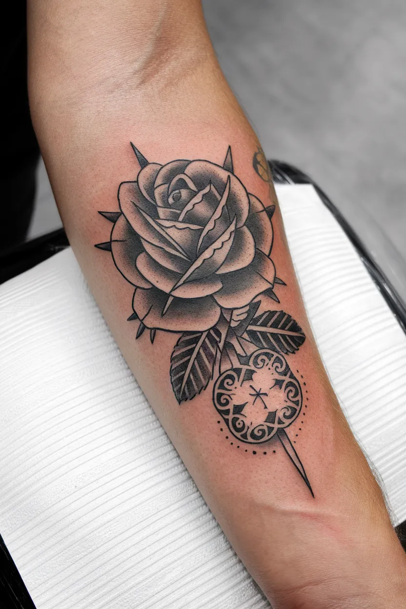 Blackwork Tattoo of Rose and Lucky Charms on Forearm